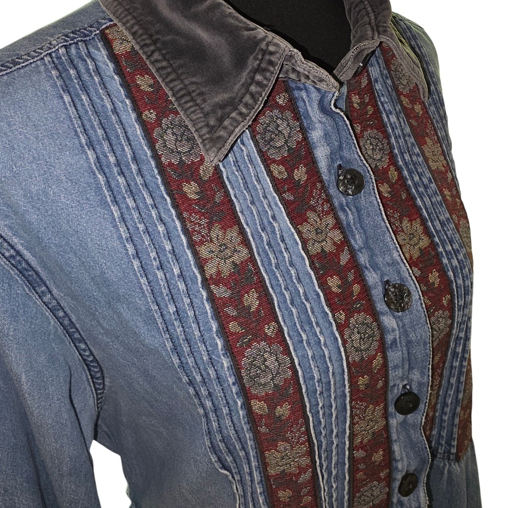 Vintage 90s Erika & Co Denim‎ Midi Shirt Dress L Western Prairie Boho Button